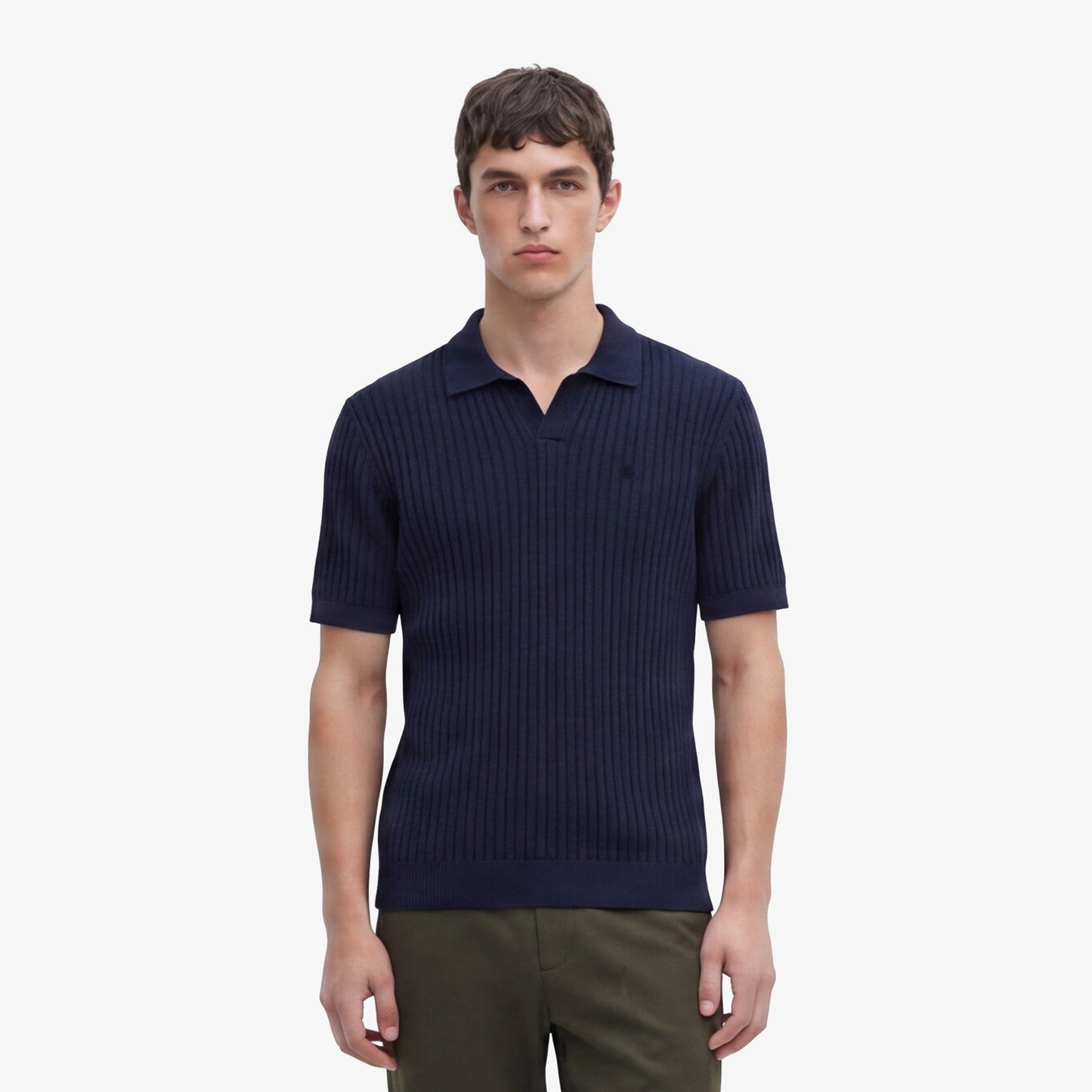 Pull manches courtes Milan à col polo en coton et lin bleu marine