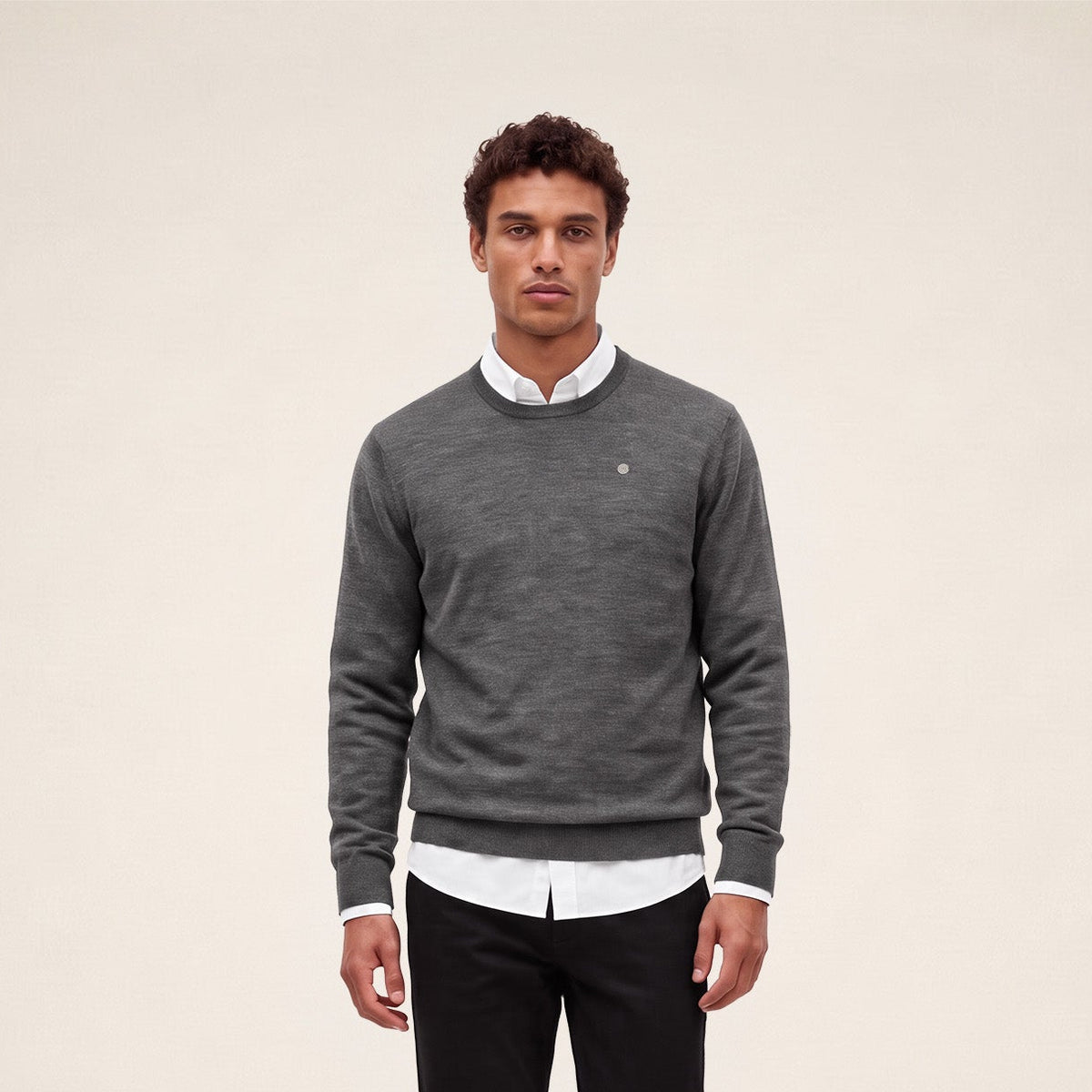Pull Mao essentiel col rond gris clair chiné