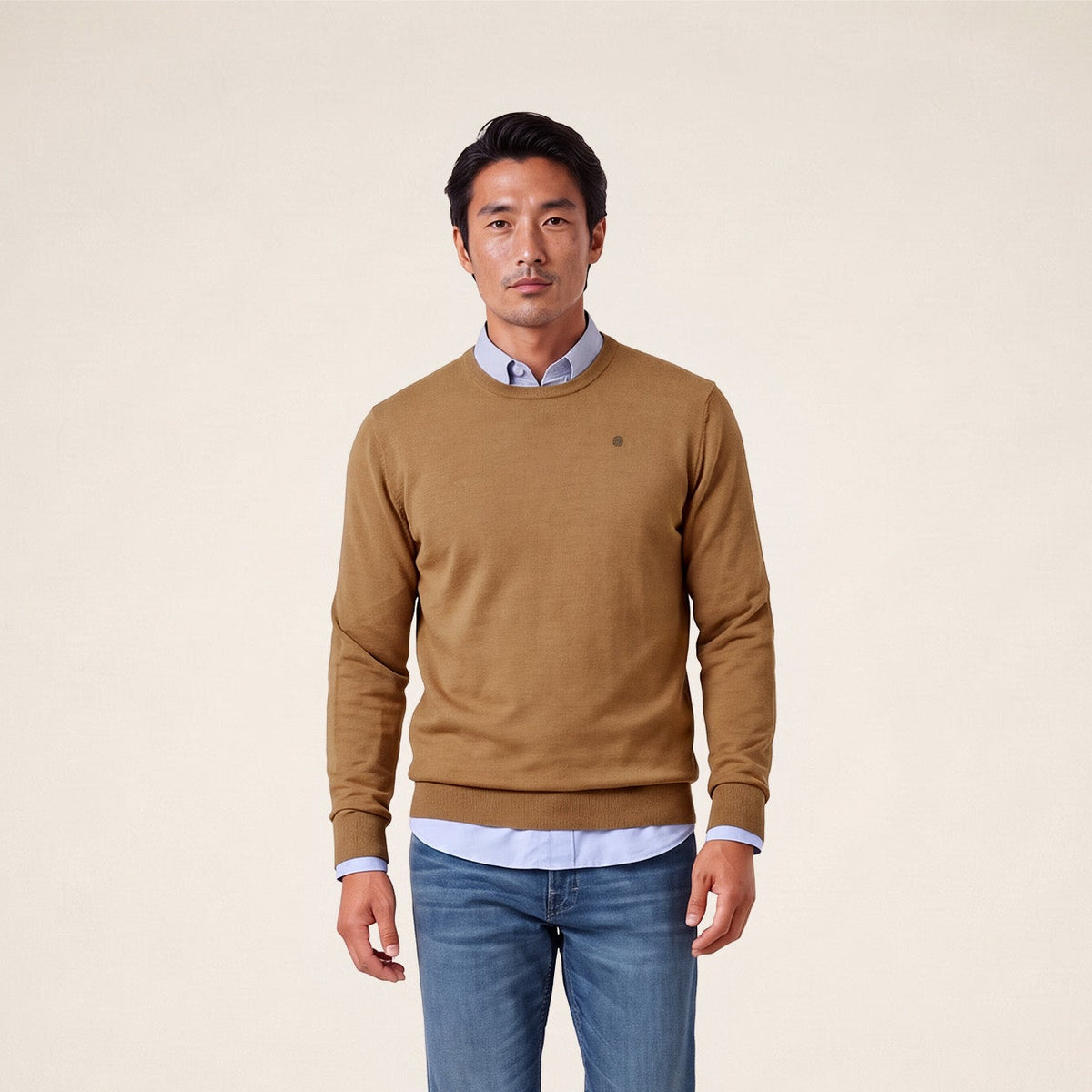 Pull Mao essentiel col rond marron noyer