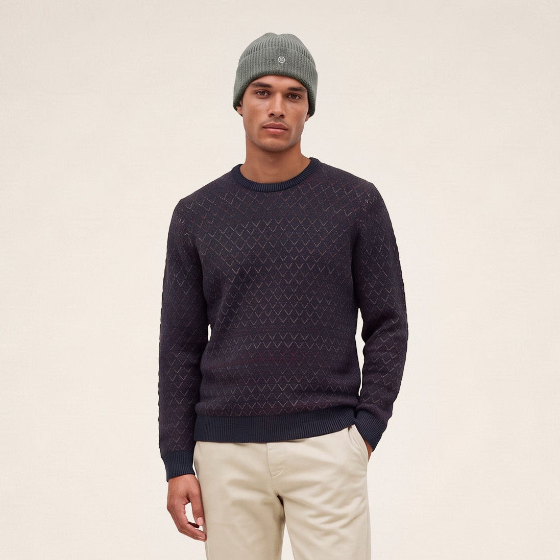 Pull Marat jacquard laine col rond bleu marine