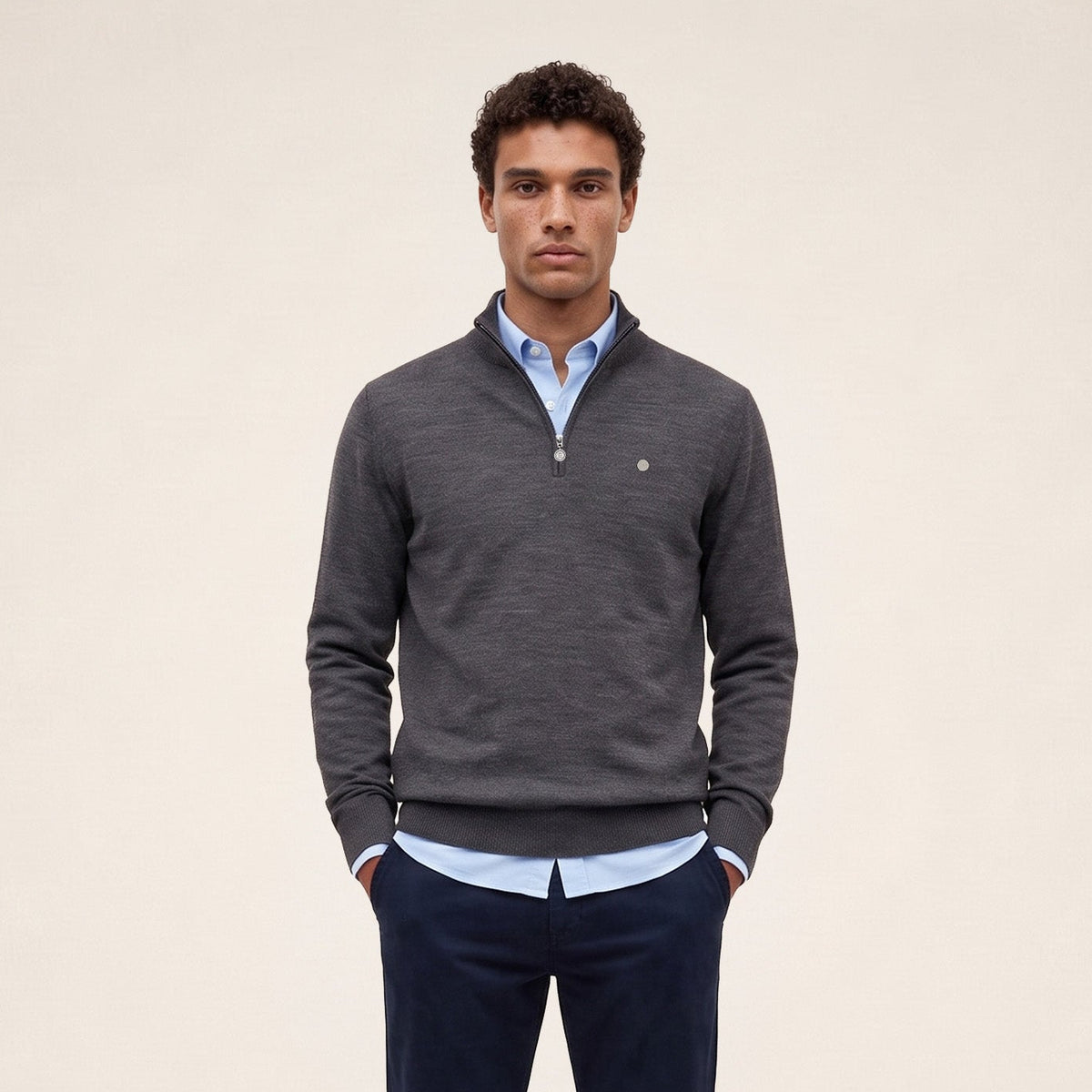 Pull col zippé laine mérinos mélangée gris clair chiné Marvine