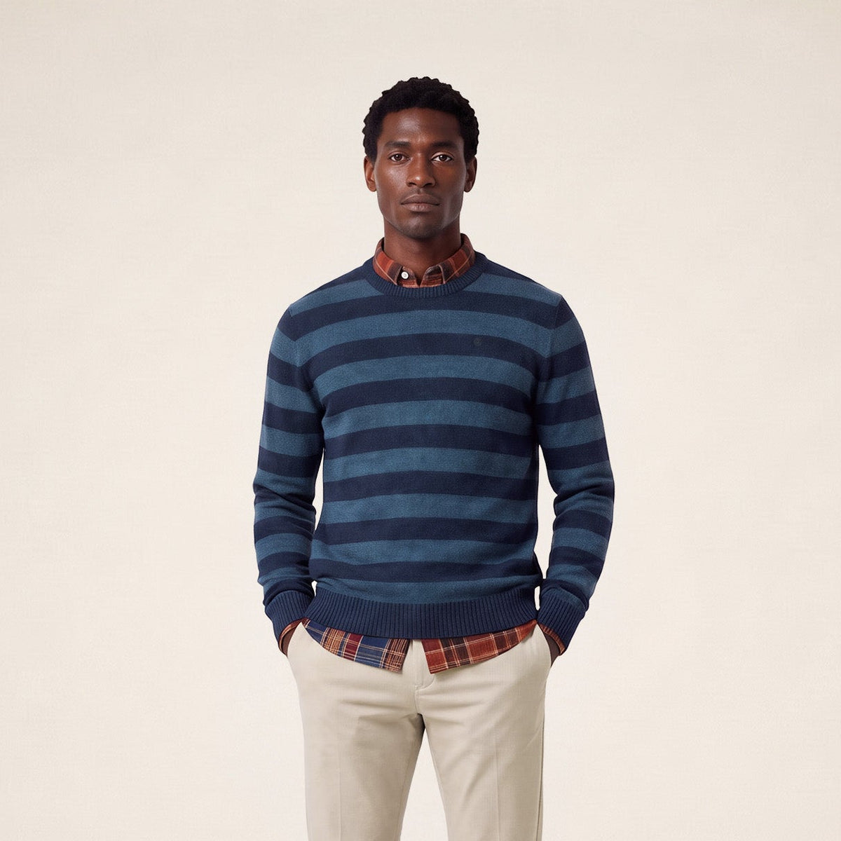 Pull Mirzan rayé laine col rond bleu marine