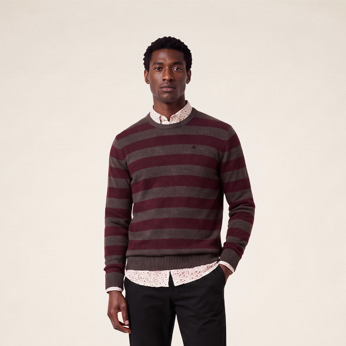 Pull Mirzan rayé laine col rond marron brownie