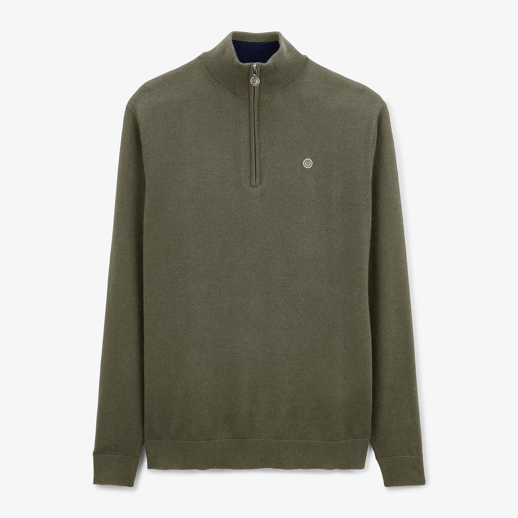 Maglione da uomo con collo alla camionista, verde kaki, in twill, Blanco