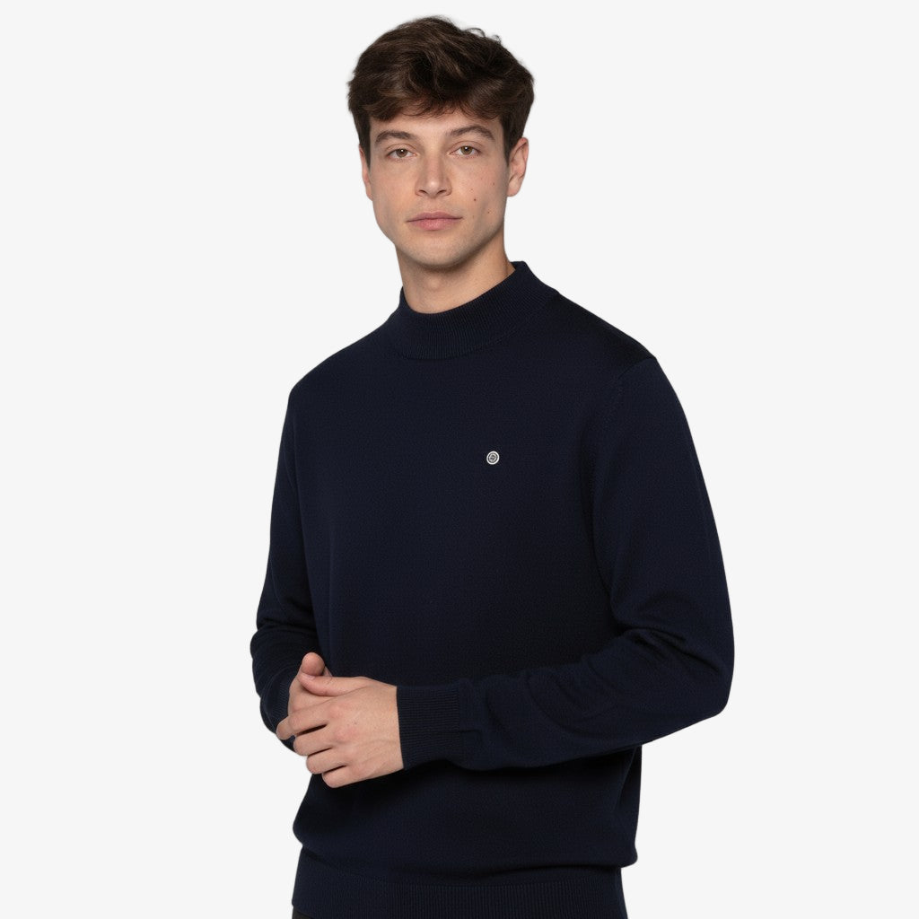 Pull avec col montant en coton et laine bleu dark navy Mica serge blanco