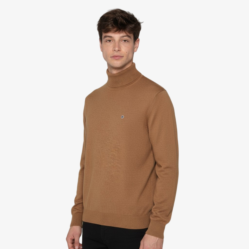 Pull avec col montant en coton et laine marron noisette Mica Homme SERGE BLANCO