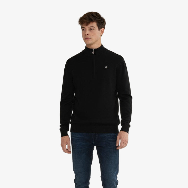 Pull avec col montant zippé noir Malo serge blanc 