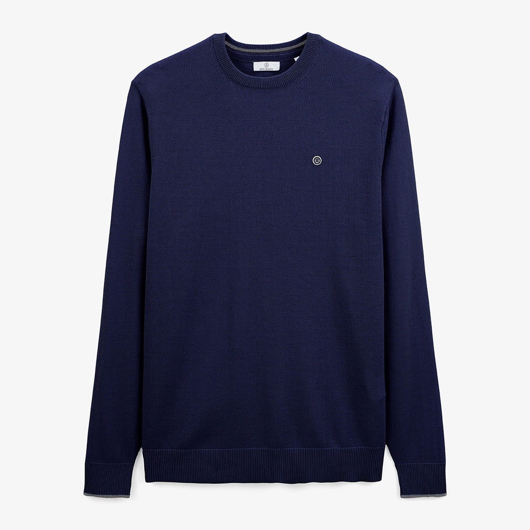 Maglione da uomo a collo rotondo con bordino ai polsini, blu navy, in twill, Blanco