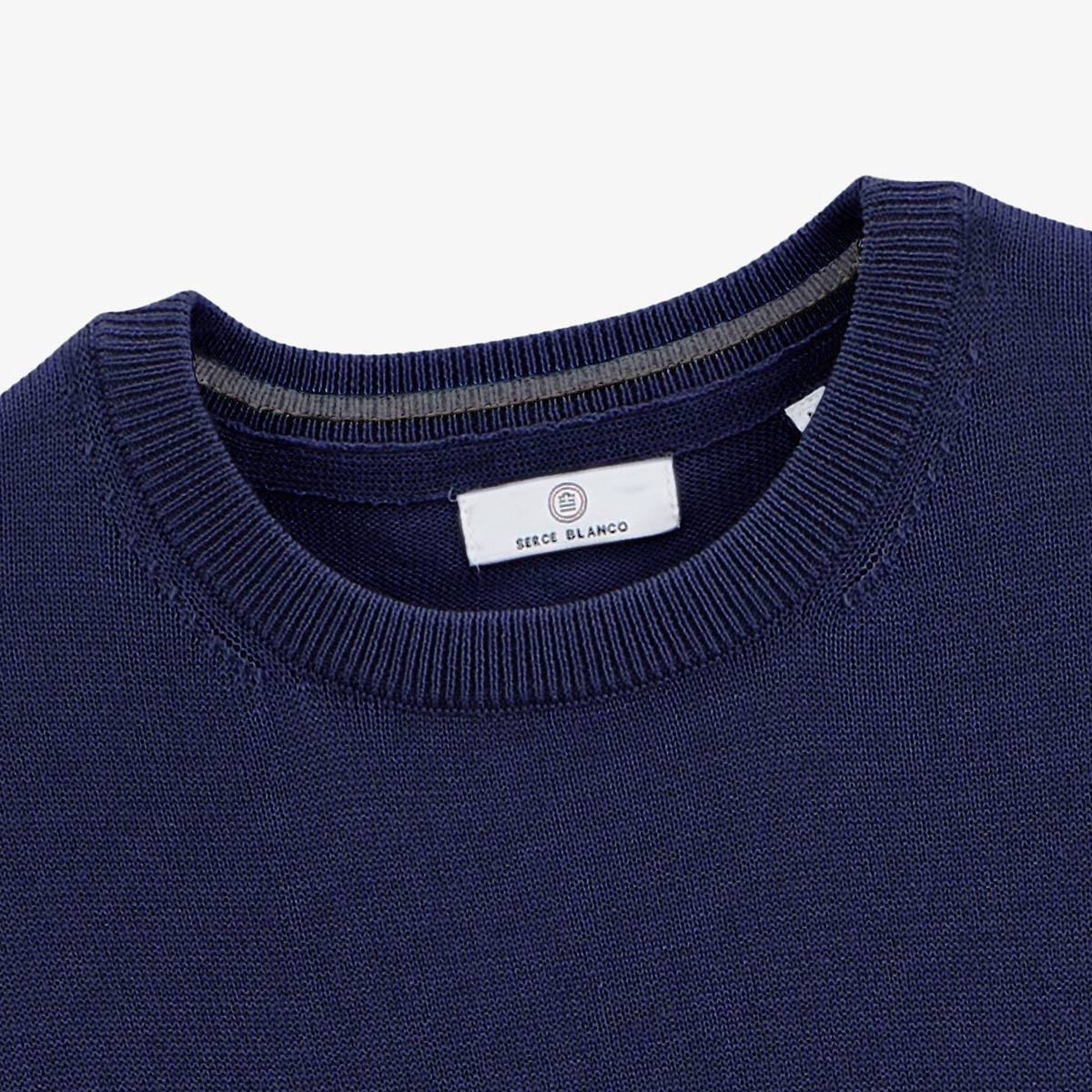 Maglione da uomo a collo rotondo con bordino ai polsini, blu navy, in twill, Blanco