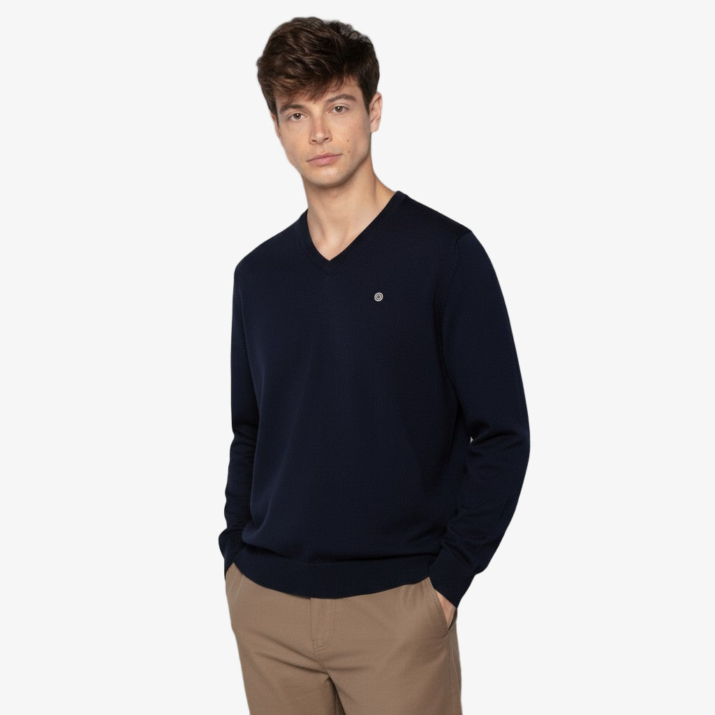 Pull col V en coton et laine bleu dark navy Milane serge blanco