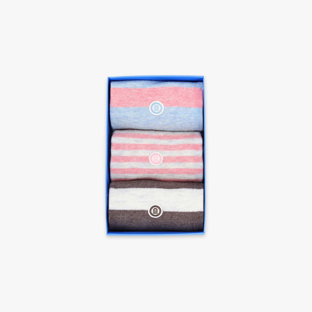 Pack of 3 pairs of solid-color and striped socks in pink and sky blue