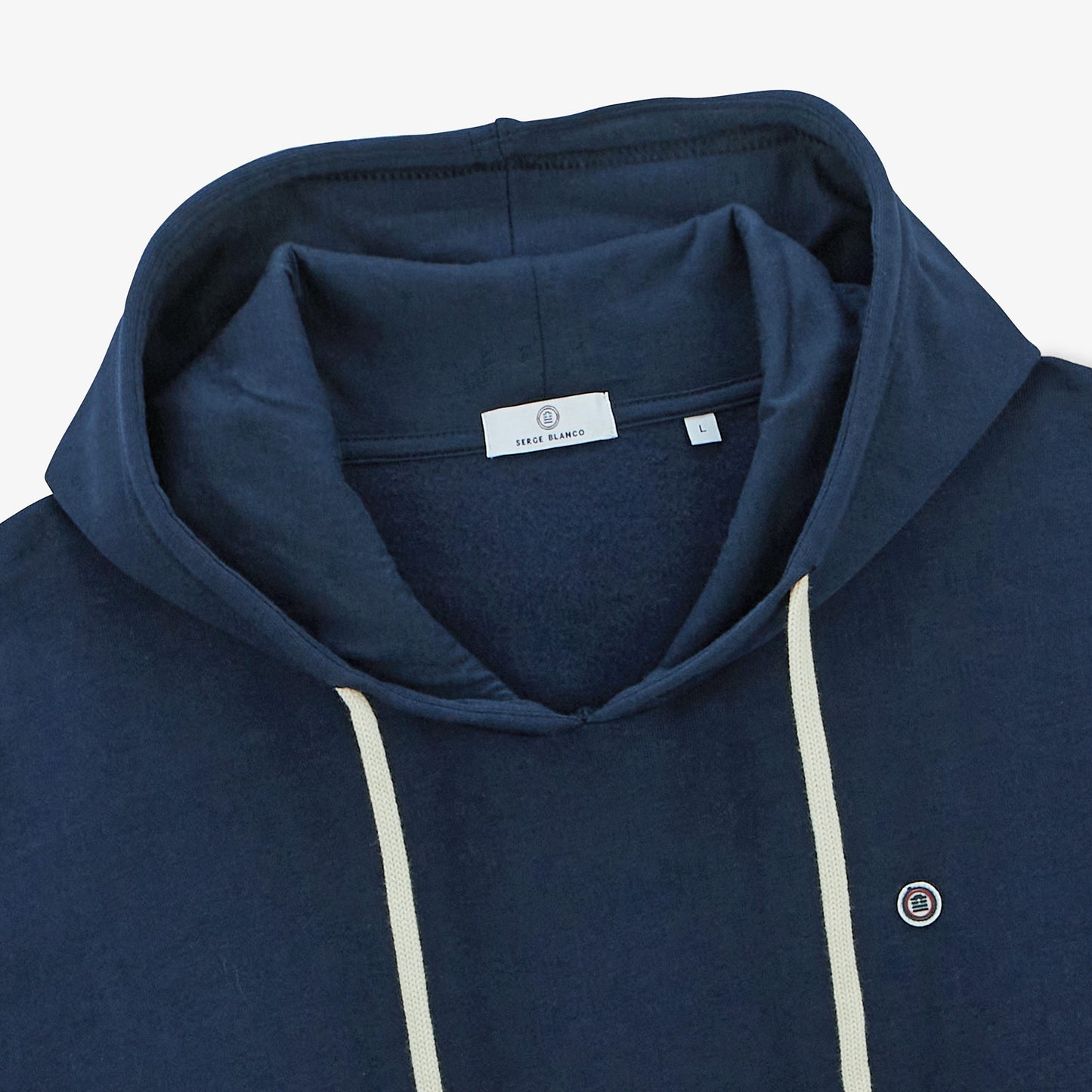 Navy blue hoodie with drawstrings