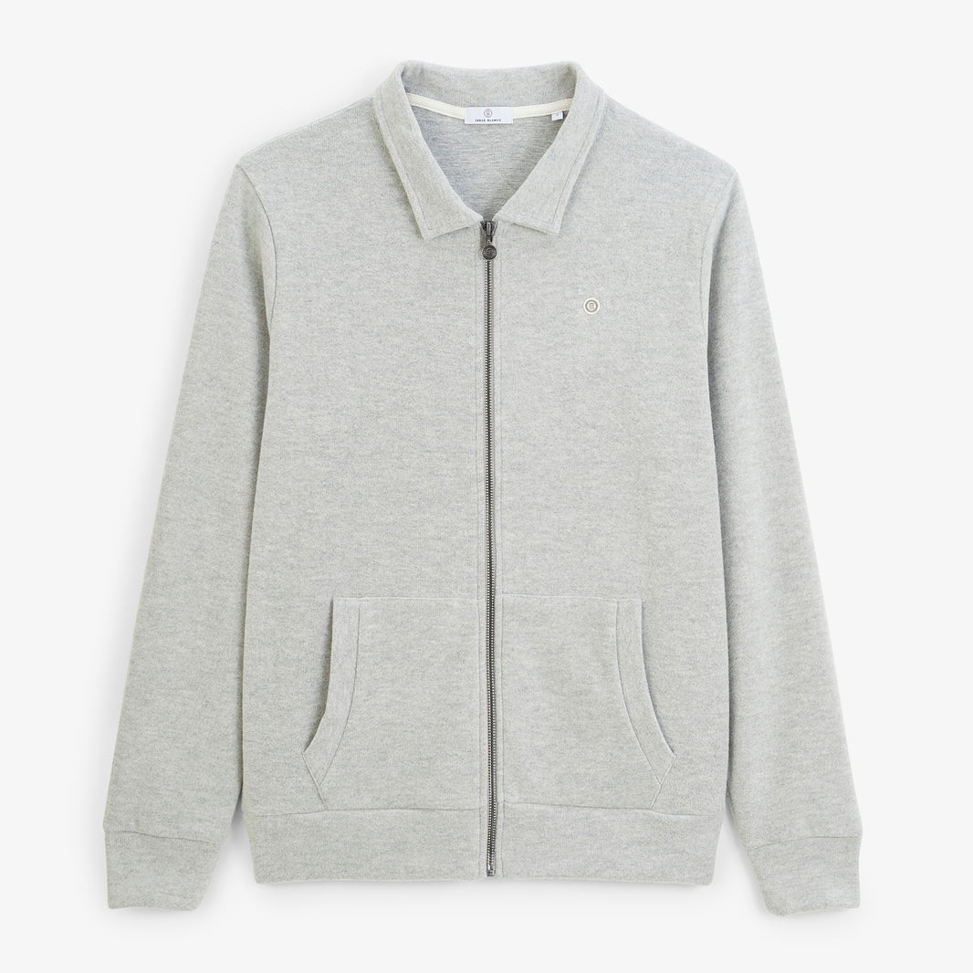Sweat zippé French Rib col chemise gris chiné