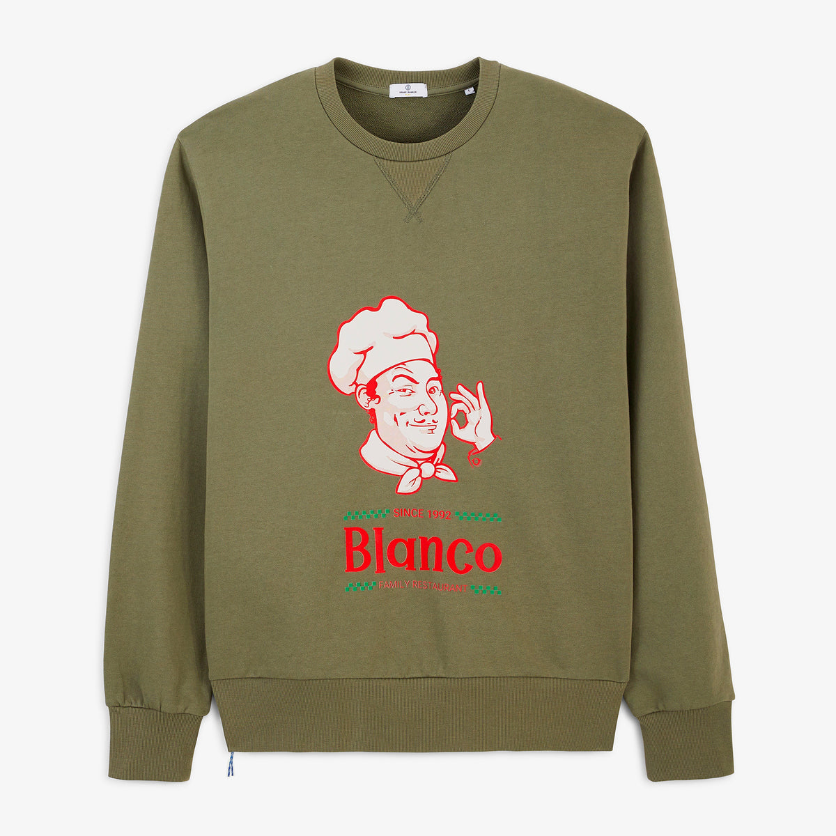 Sweat col rond imprimé Blanco Family Restaurant vert militaire