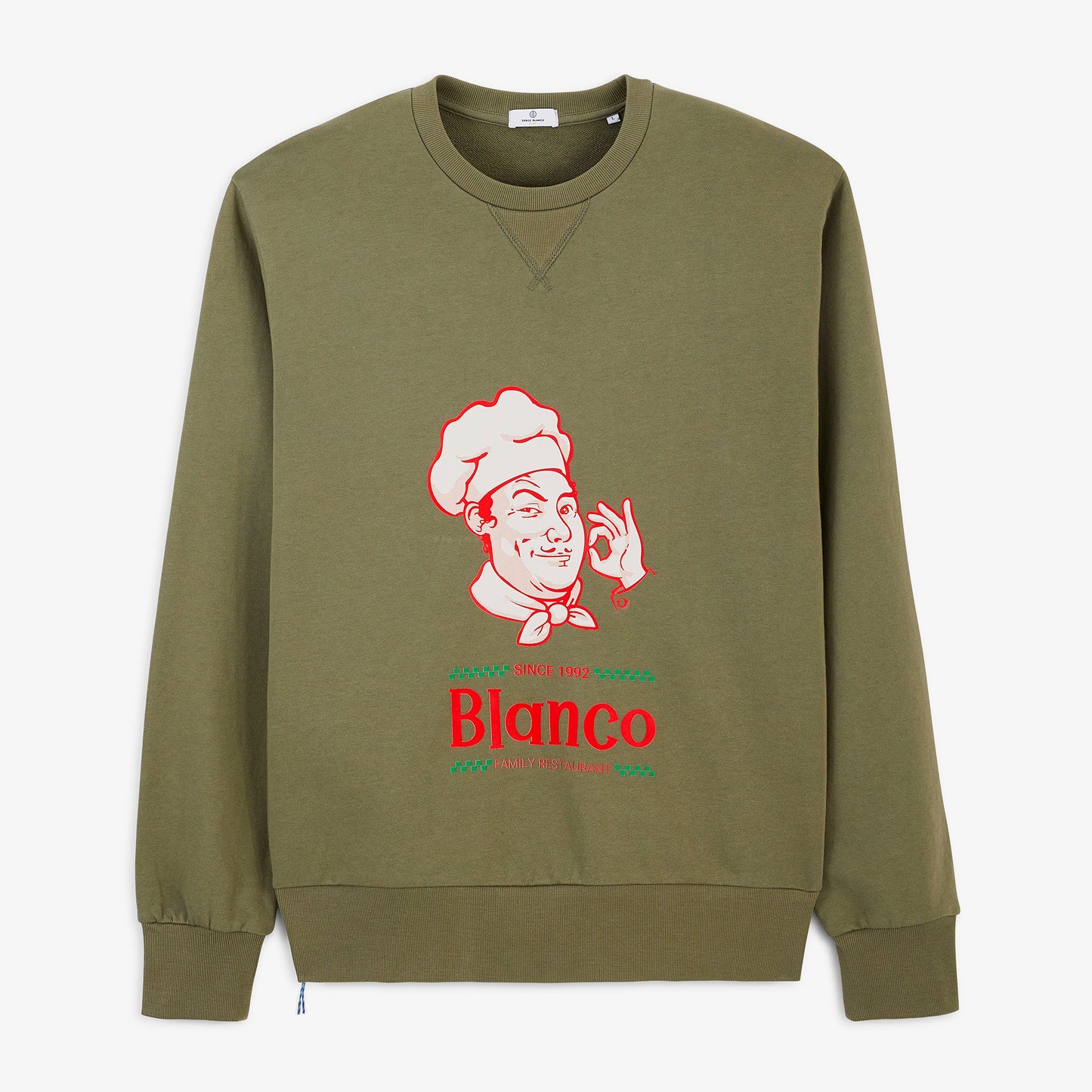 Sweat col rond imprimé Blanco Family Restaurant vert militaire