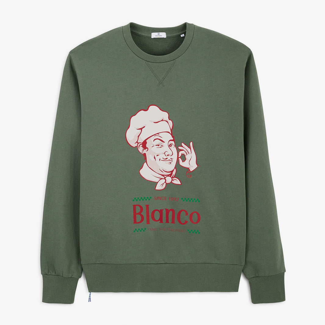 Sweat col rond imprimé marron taupe Blanco Family Restaurant SBPLAY