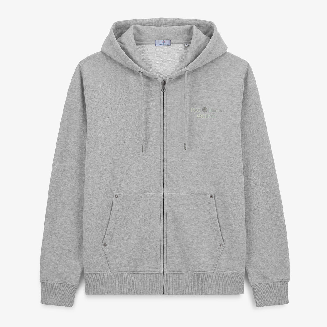 Sweat à capuche zippé teinture old en coton gris chiné