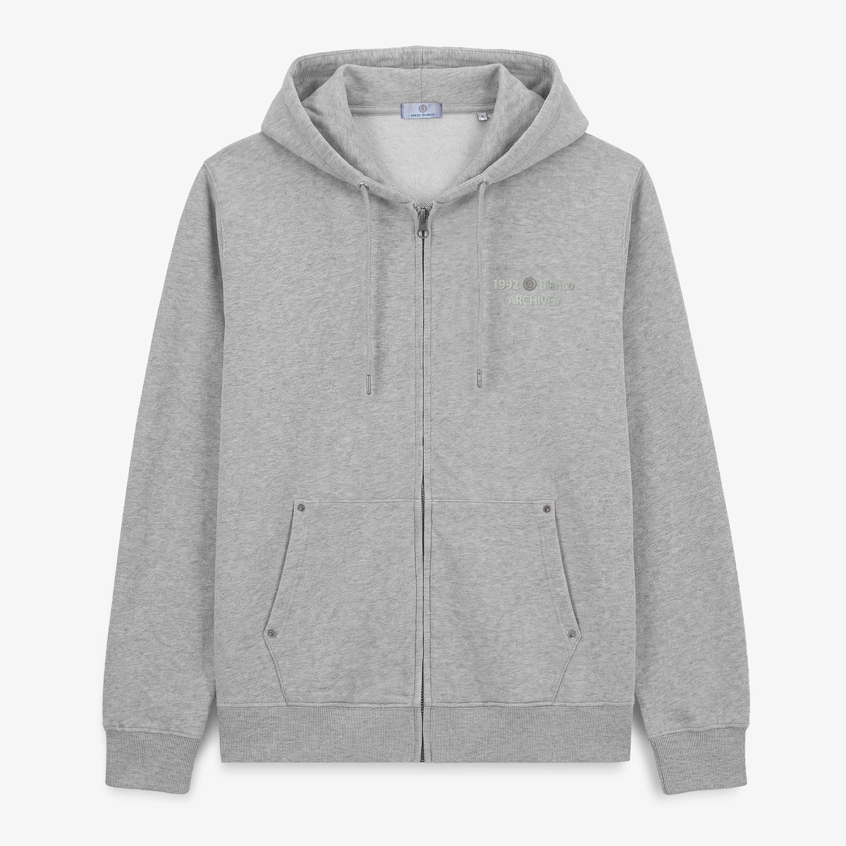 Sweat à capuche zippé teinture old en coton gris chiné