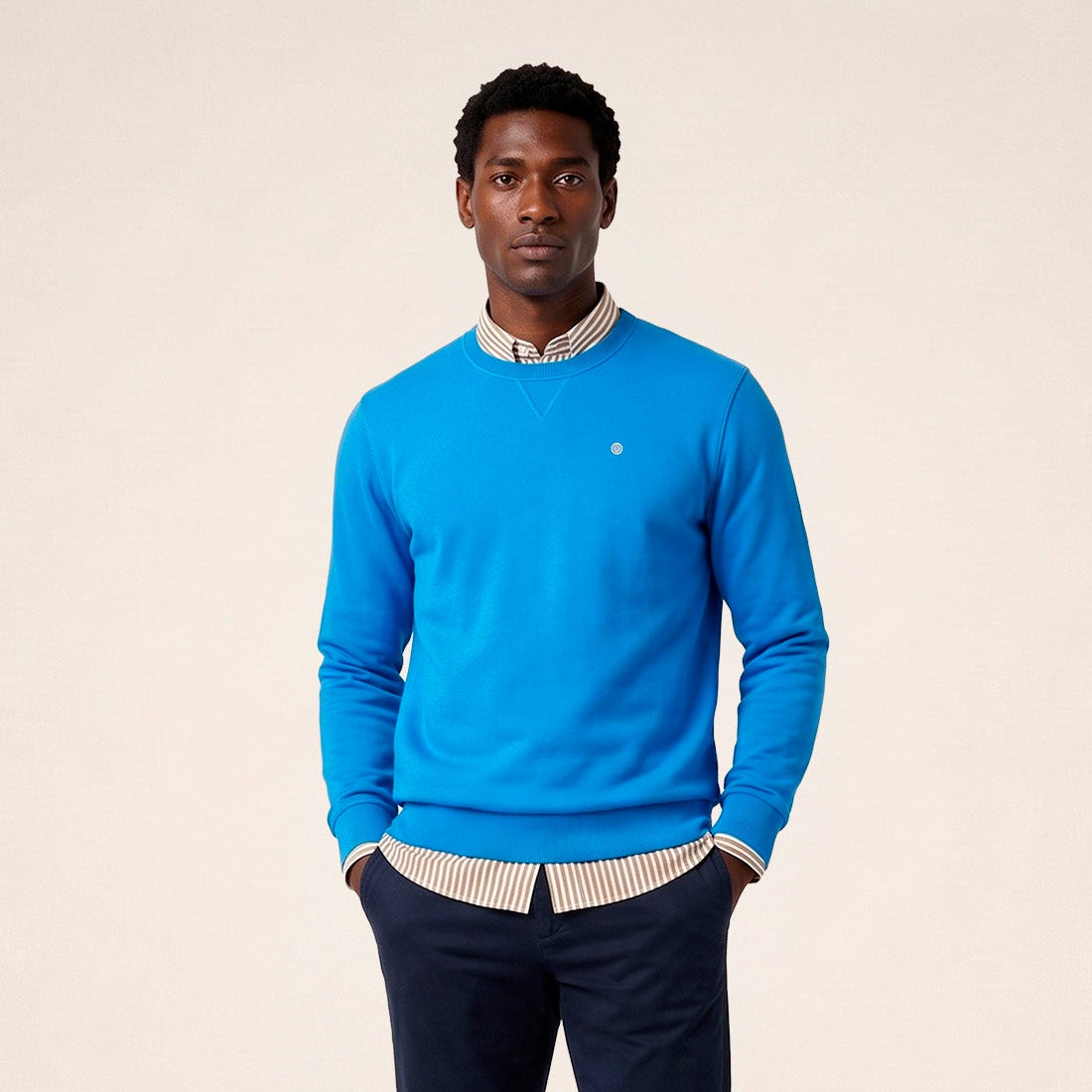 Sweat col rond 100% coton suédé bleu