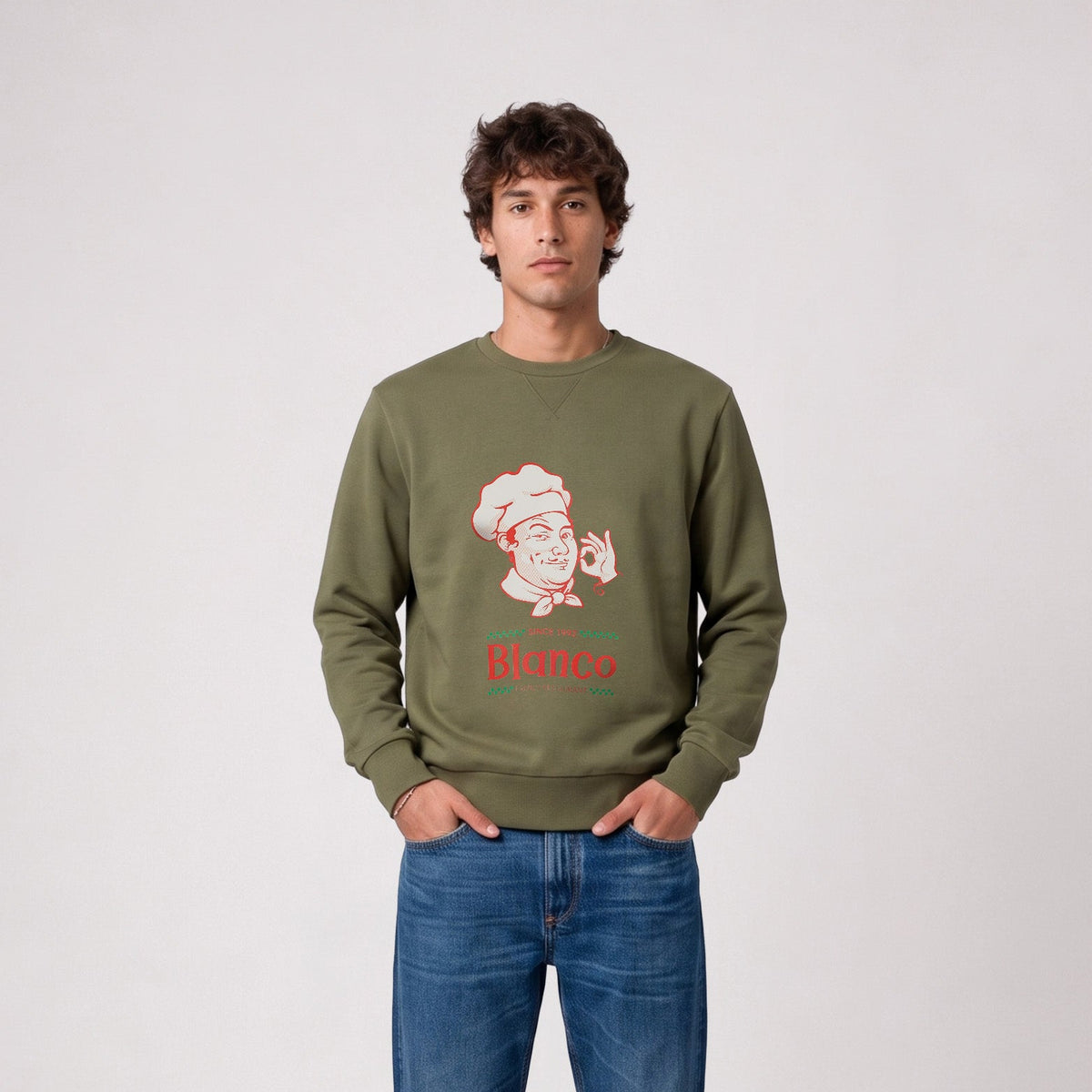 Sweat col rond imprimé Blanco Family Restaurant vert militaire SBPLAY