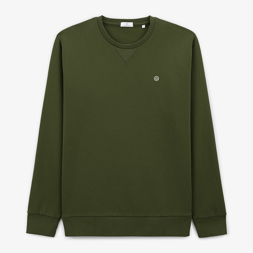 Effen armygroene katoenen sweater met ronde hals voor heren SERGE BLANCO