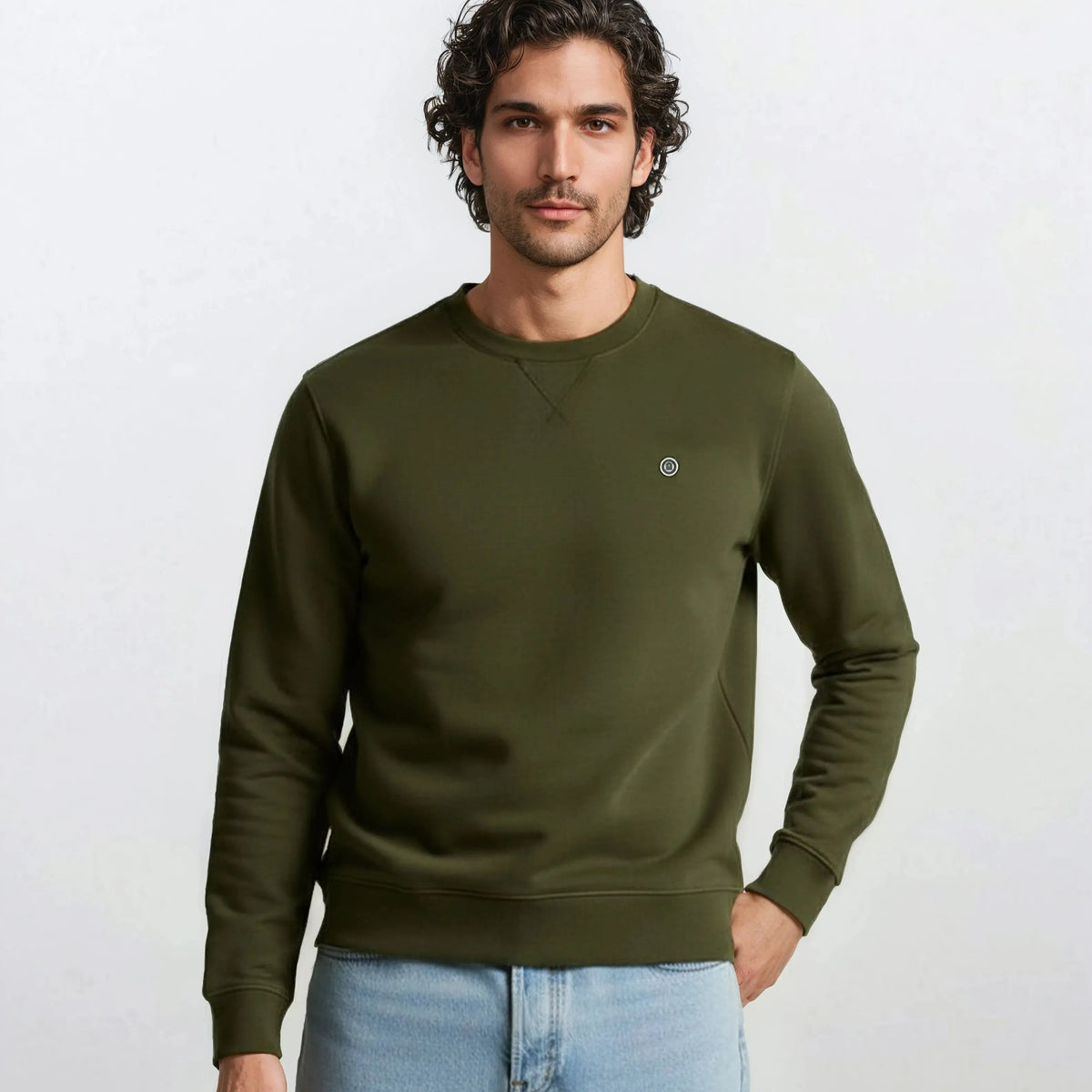 Sweat col rond uni vert army en coton homme SERGE BLANCO