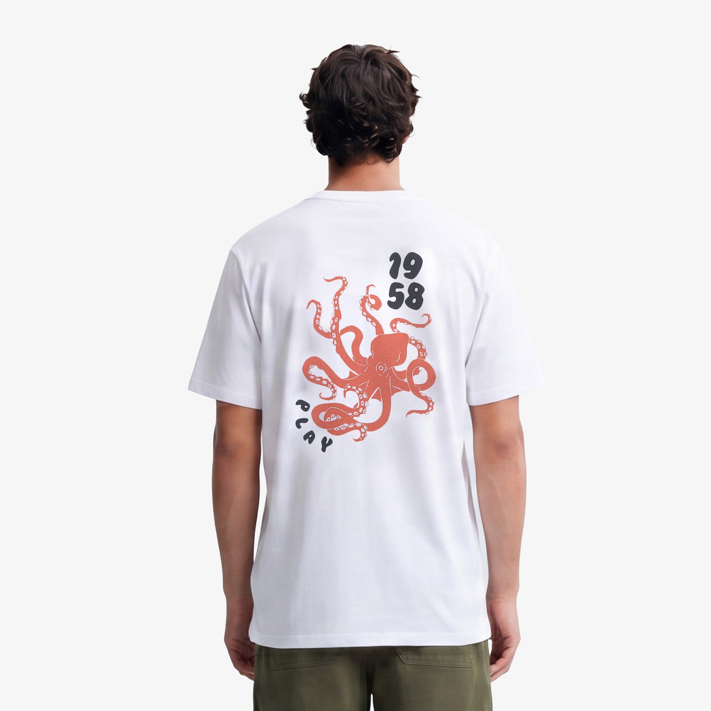 Camiseta blanca de cuello redondo de algodón con estampado de pulpo en la espalda