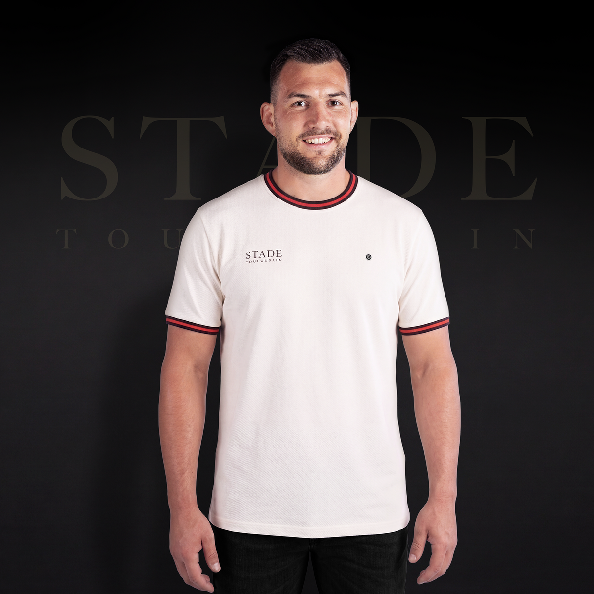 T-shirt "Stade" manches courtes blanc col et manches liserés Stade Toulousain