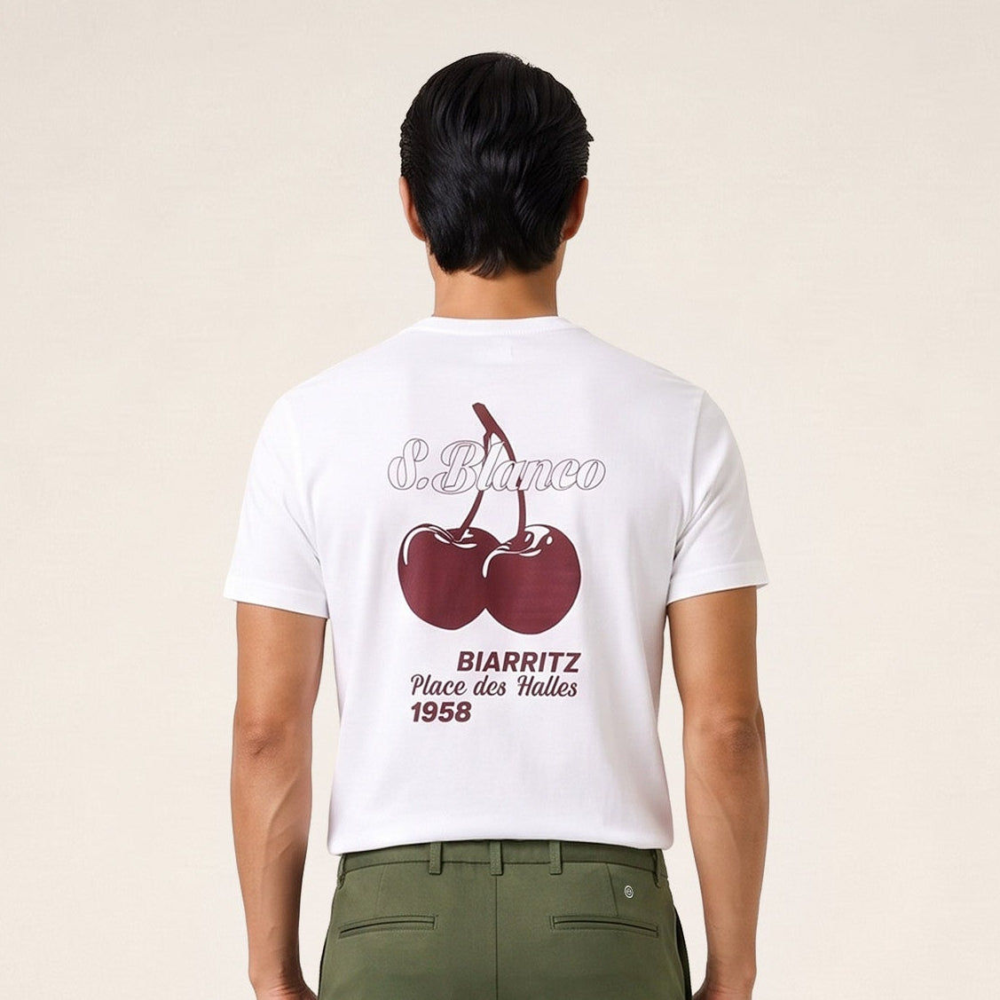 T-shirt manches courtes coton imprimé dos Biarritz Cerises blanc