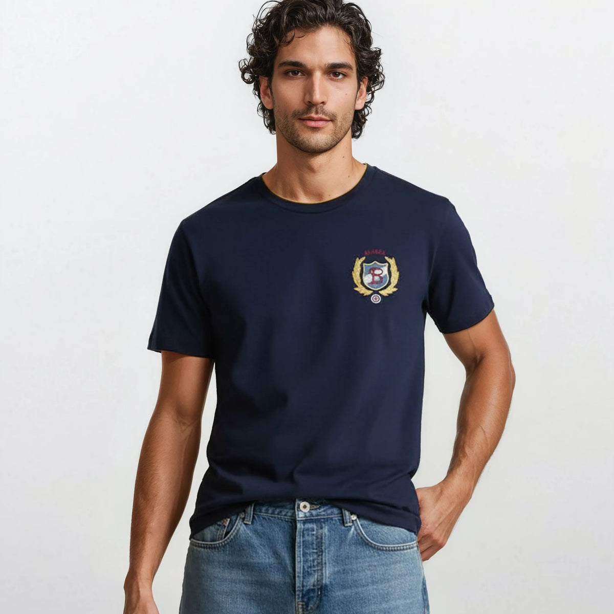 T-shirt manches courtes bleu navy brode en coton homme SERGE BLANCO