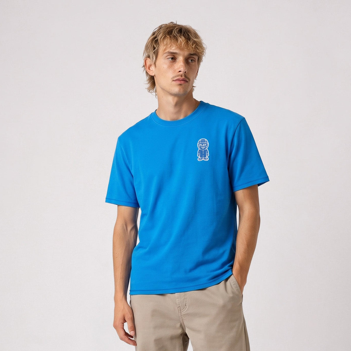T-shirt manches courtes col rond coton badge bouclette bleu SBPLAY