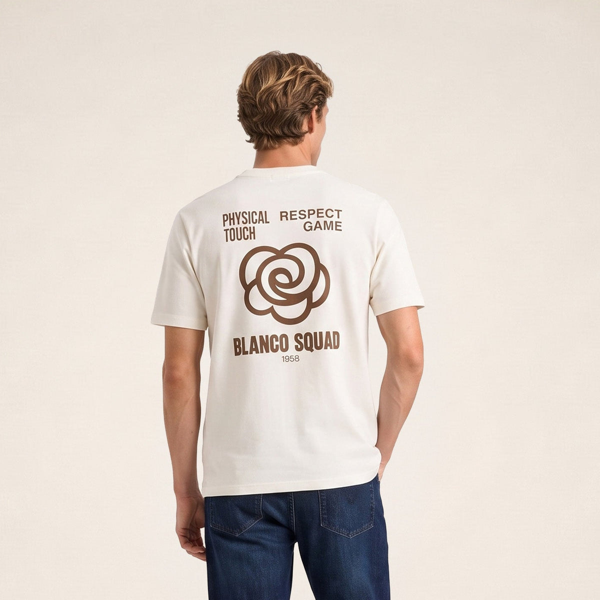 T-shirt manches courtes coton imprimé dos BLANCO SQUAD blanc cassé