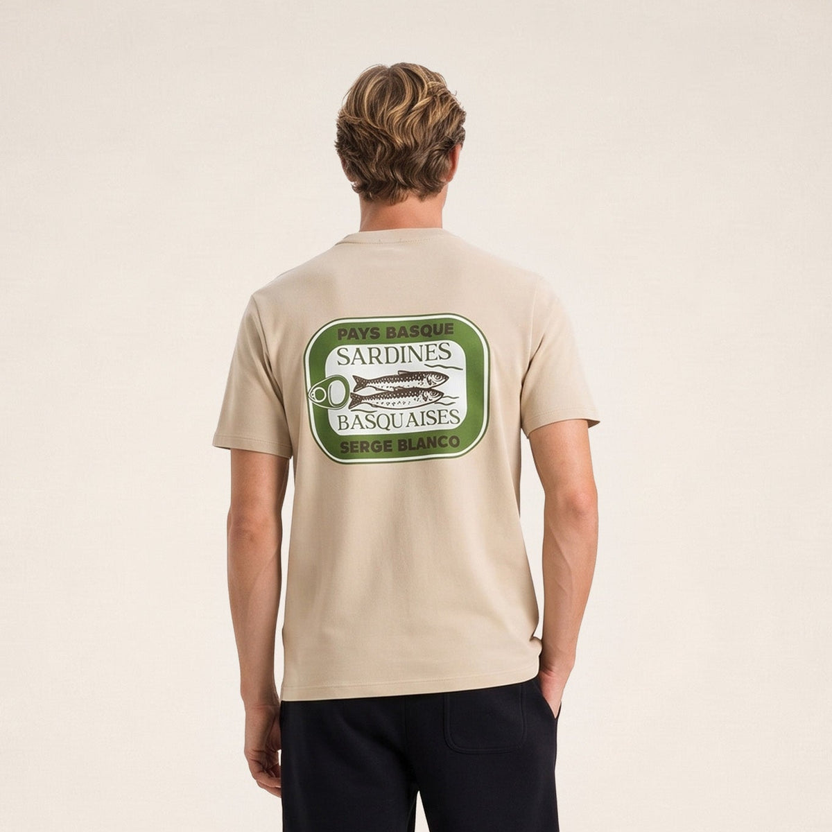 T-shirt manches courtes coton imprimé dos Sardines Basquaises beige travertin