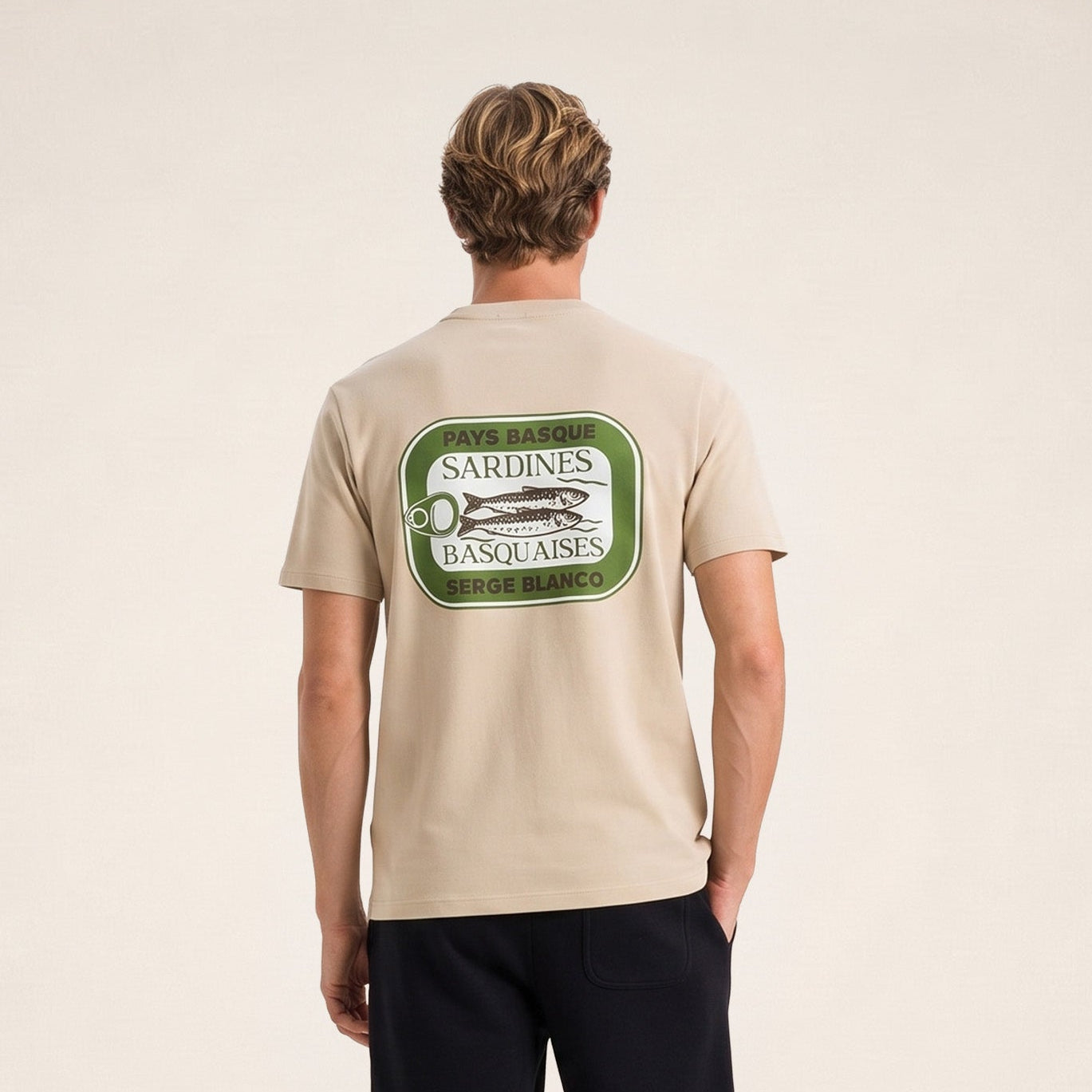 T-shirt manches courtes coton imprimé dos Sardines Basquaises beige travertin