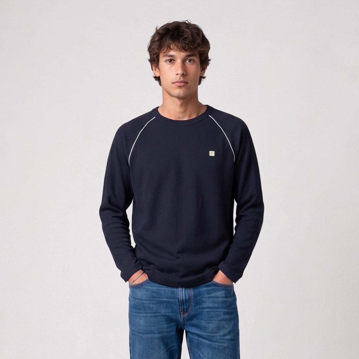 T-shirt manches longues col rond coton gaufré bleu marine SBPLAY