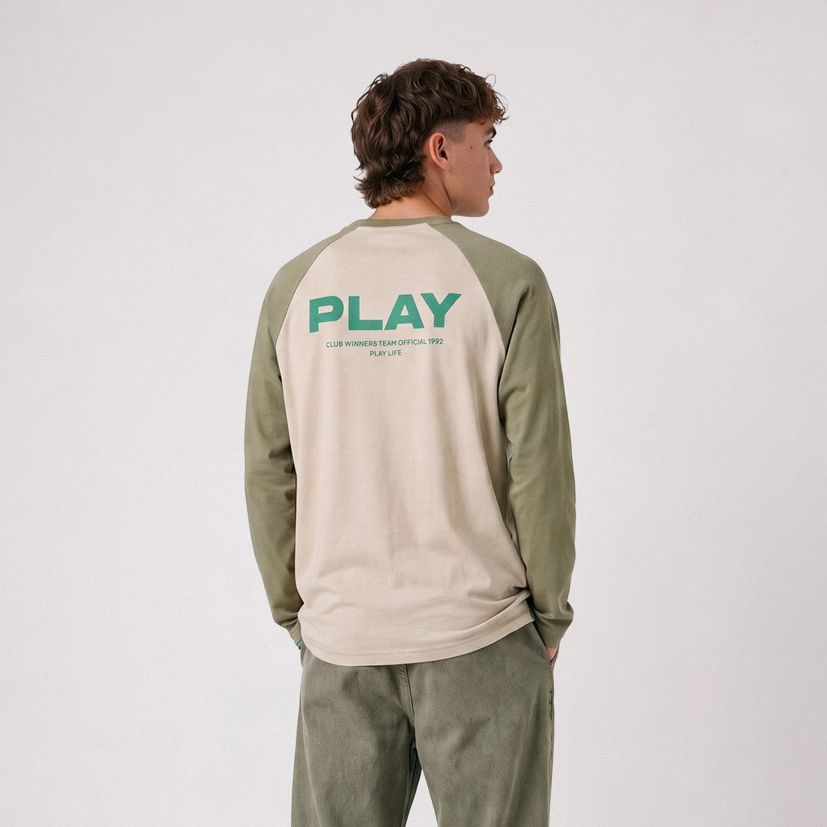 T-shirt manches longues col rond coton imprimé SBPLAY beige et kaki