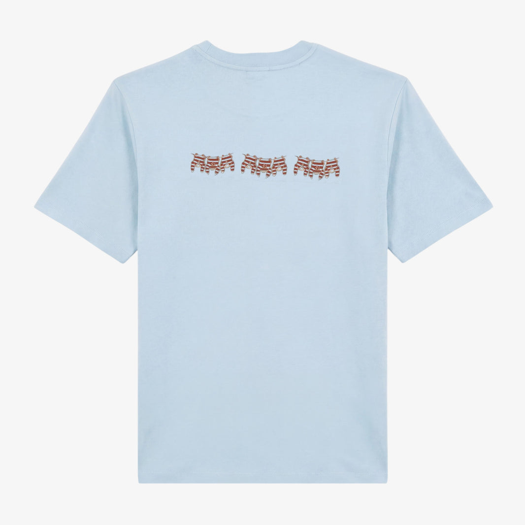 Théo round-neck T-shirts in sky blue cotton with back embroidery