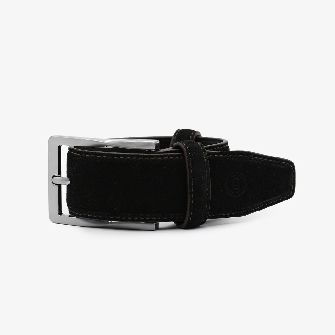 Men's nubuck leather belt with contrasting black stitching, serge blanco