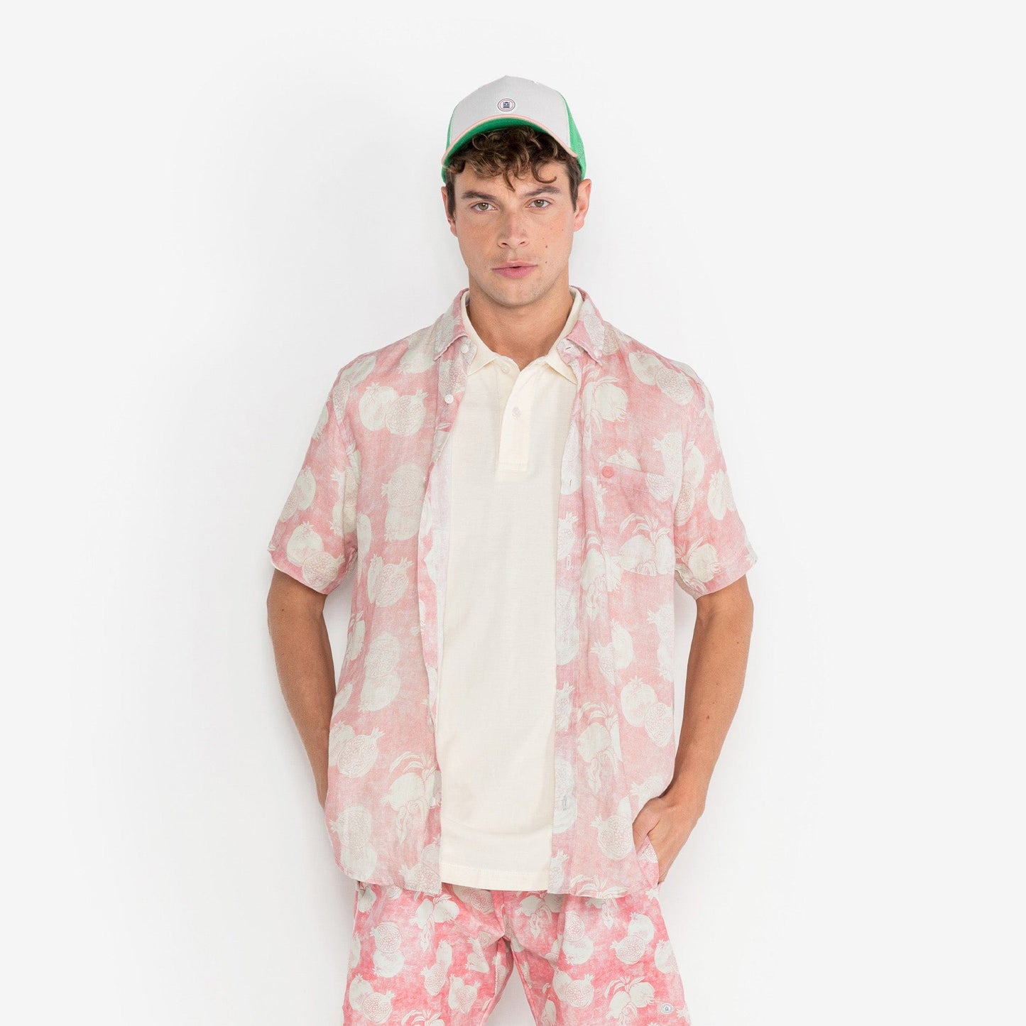 Chemise Carl en lin motif grenade rose-blanche homme Serge Blanco