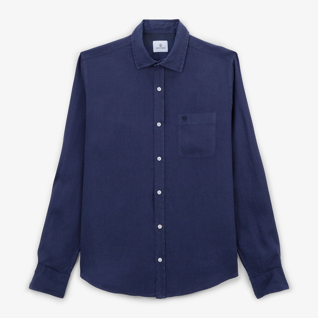 Camisa Charles de manga larga en lino azul noche para hombre SERGE BLANCO