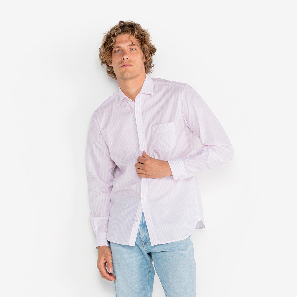 Chemise Charles Manches Longues Homme En Coton Lilas A Rayures SERGE BLANCO