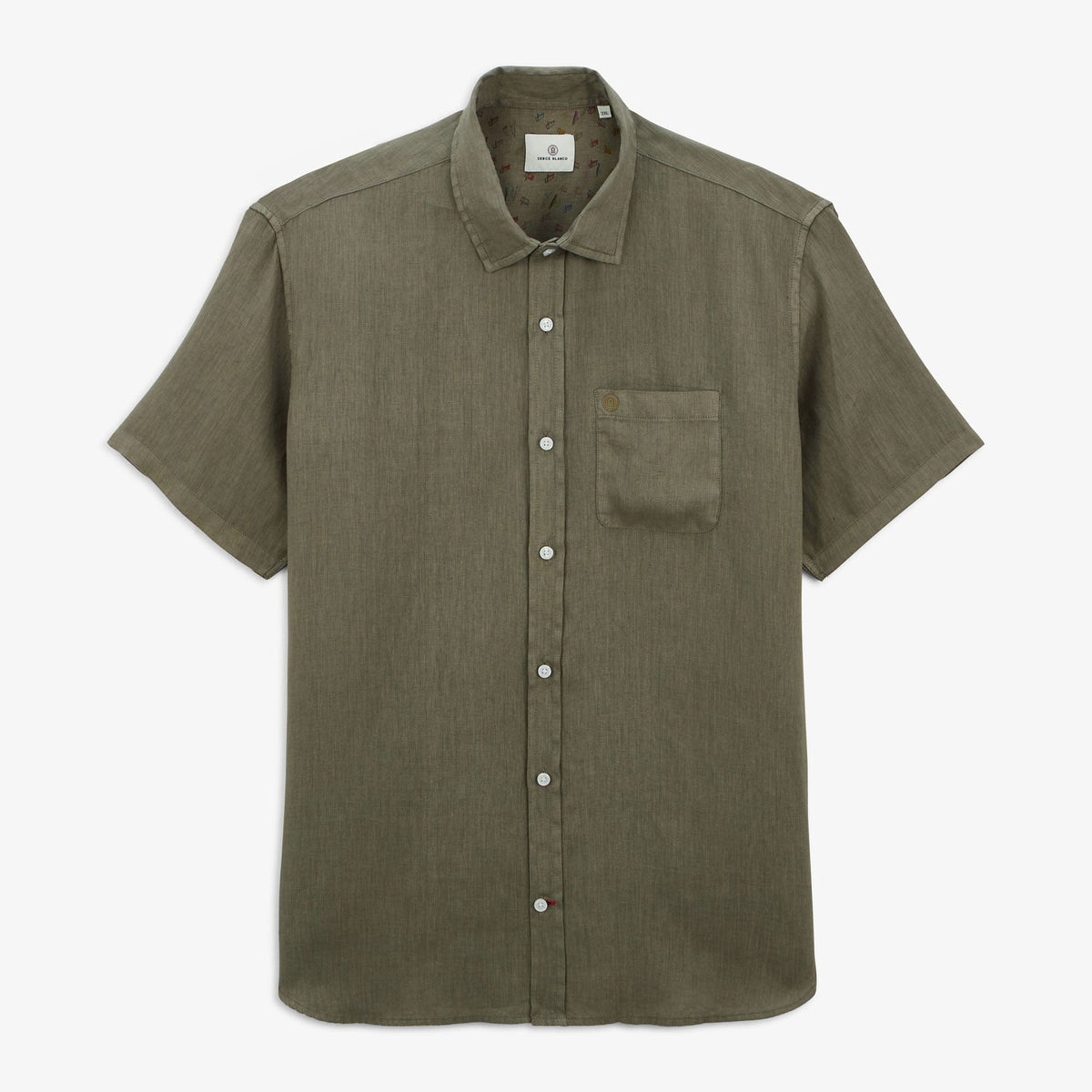 Chemise En Lin Manches Courtes Homme Poche Poitrine Vert Militaire SERGE BLANCO