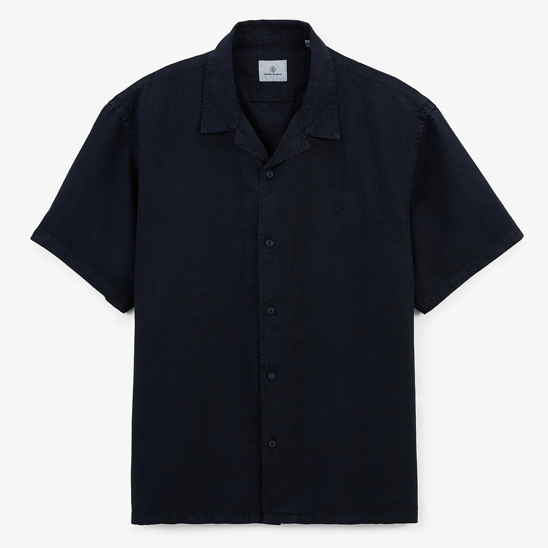 Kurzarmhemd „Caracas“ aus marineblauer Baumwolle und Leinen für Herren von SERGE BLANCO