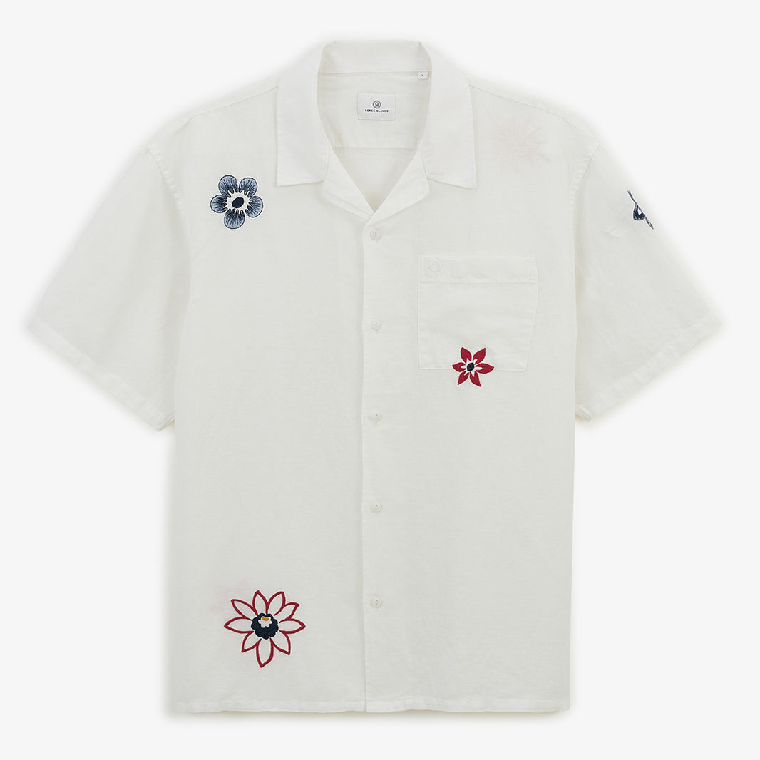Camisa de manga corta con flores bordadas, de lino y algodón, blanca, para hombre, de SERGE BLANCO