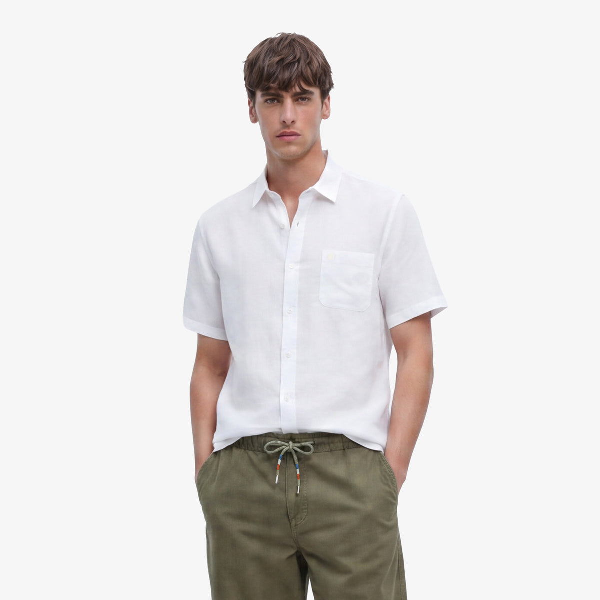 Camicia a maniche corte in lino bianco tinta unita