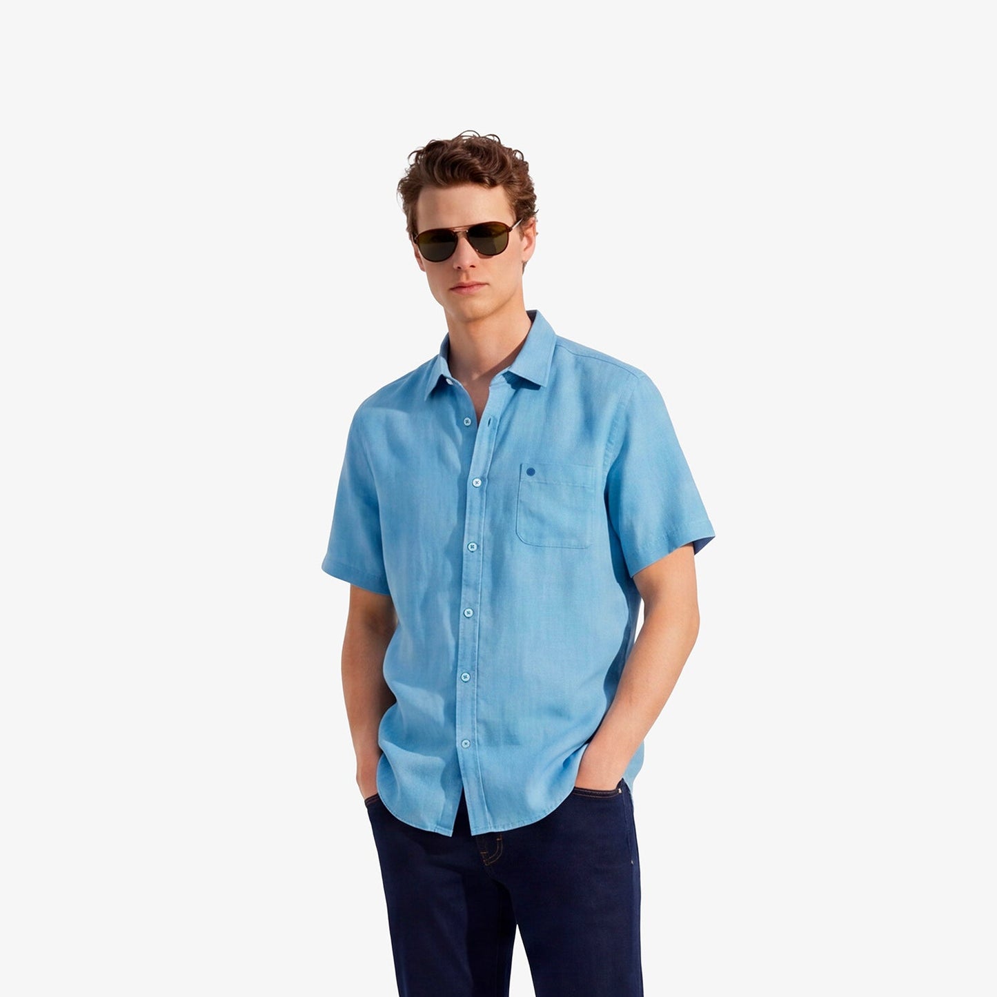 Effen overhemd met korte mouwen van oceaanblauw linnen