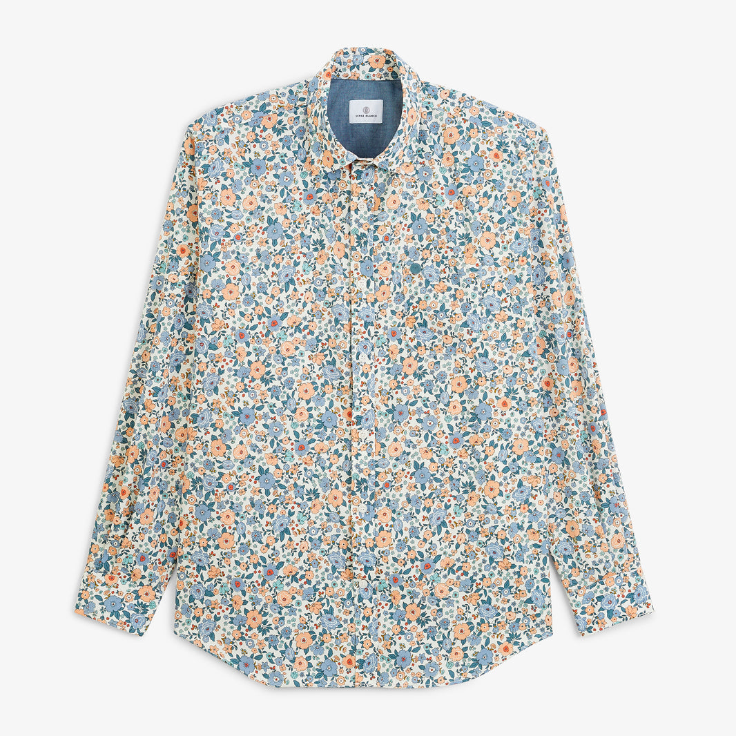 Chemise manches longues en coton à imprimé fleuri bleu, vue de face.