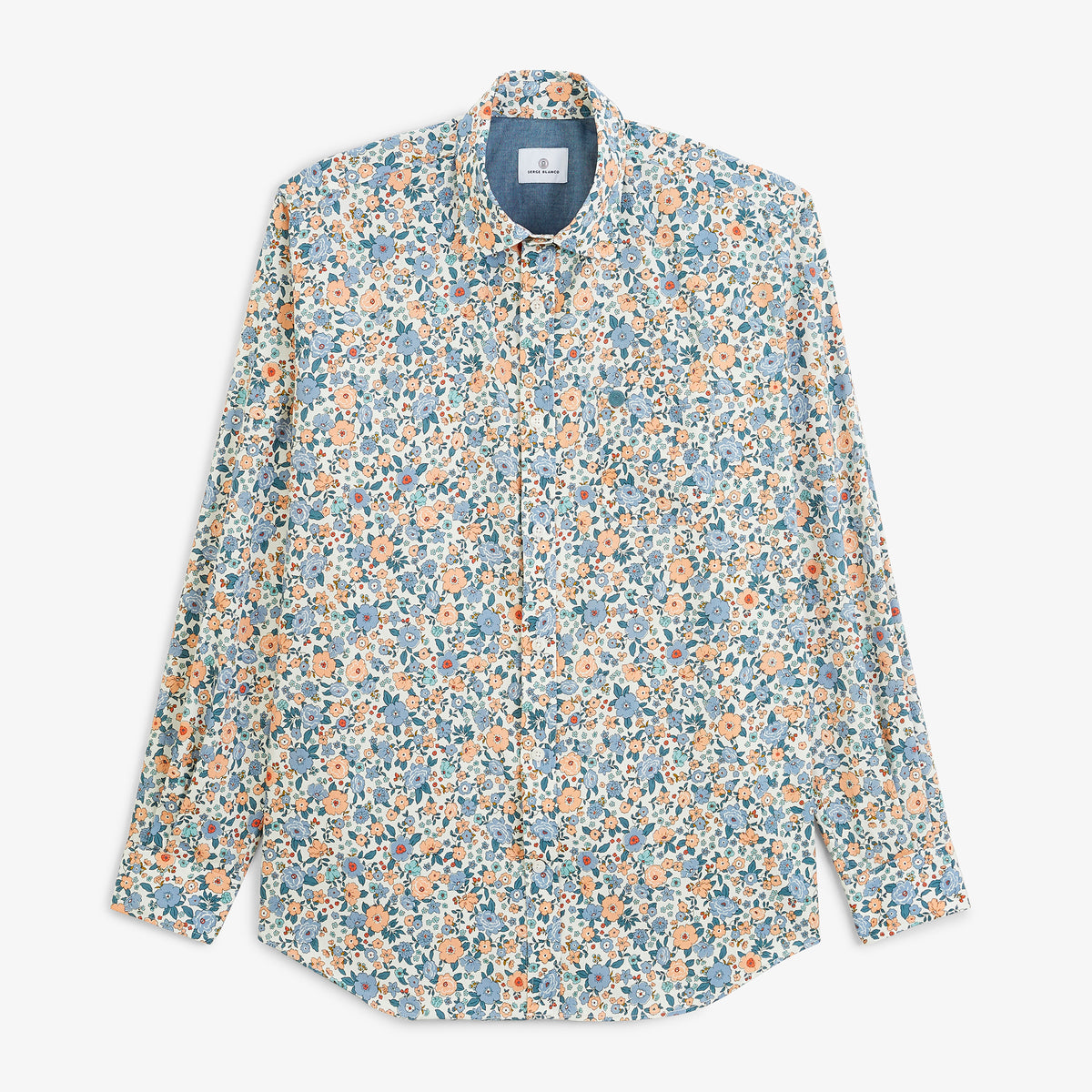 Chemise manches longues en coton à imprimé fleuri bleu, vue de face.