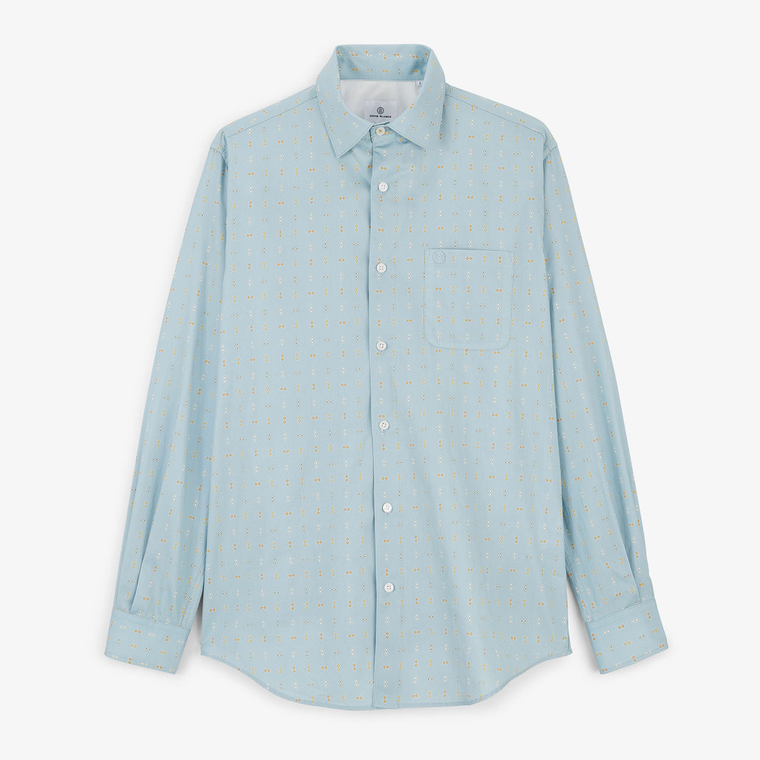 Camicia a maniche lunghe di colore azzurro con motivo a rombi, vista frontale.