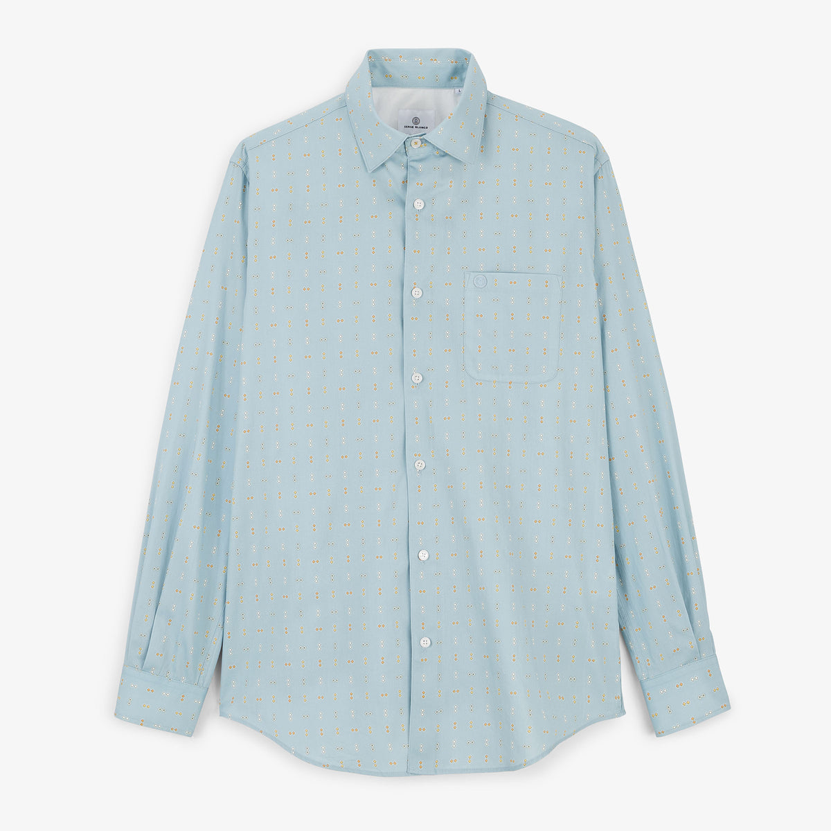 Camicia a maniche lunghe di colore azzurro con motivo a rombi, vista frontale.